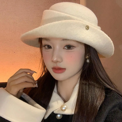 Hepburn Elegant White Wool Retro Bucket Hat