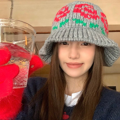 Ethnic Style Retro Warm Knit Women Bucket Hat
