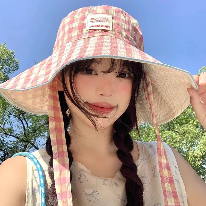 Double-Sided Plaid Lace-Up Bucket Hat Women