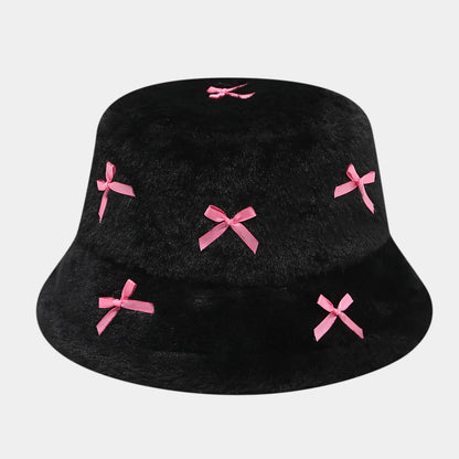 Literary Artistic Girlish Bow Plush Bucket Hat