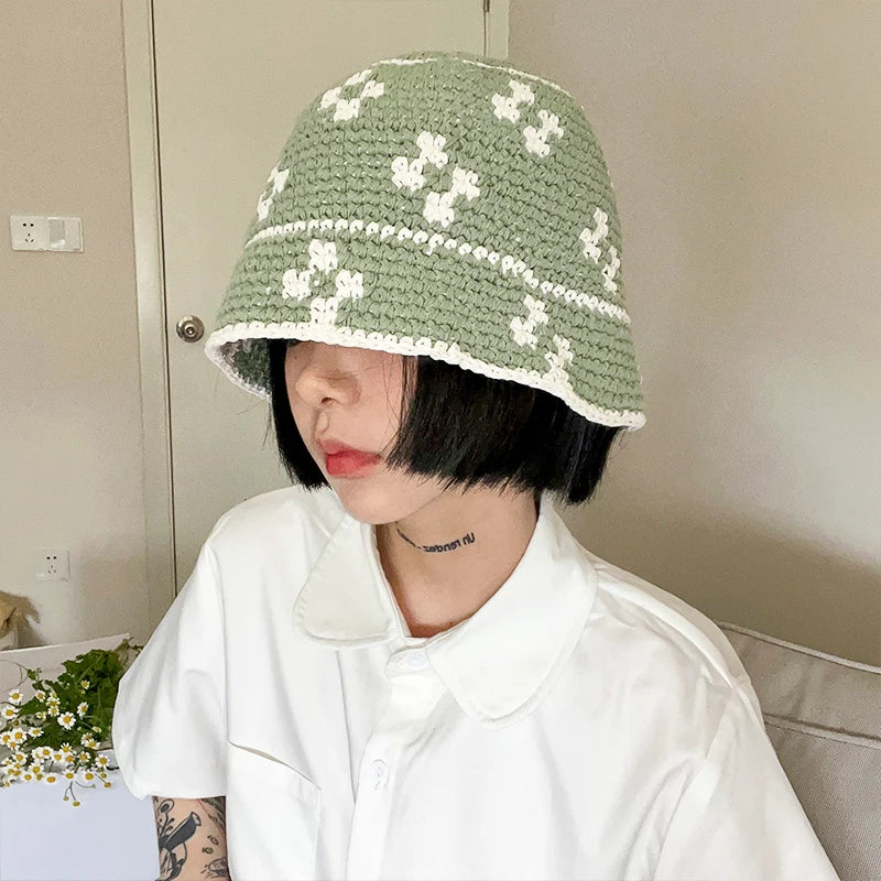 Knitted Flower Korean Handmade Crochet Bucket Hat