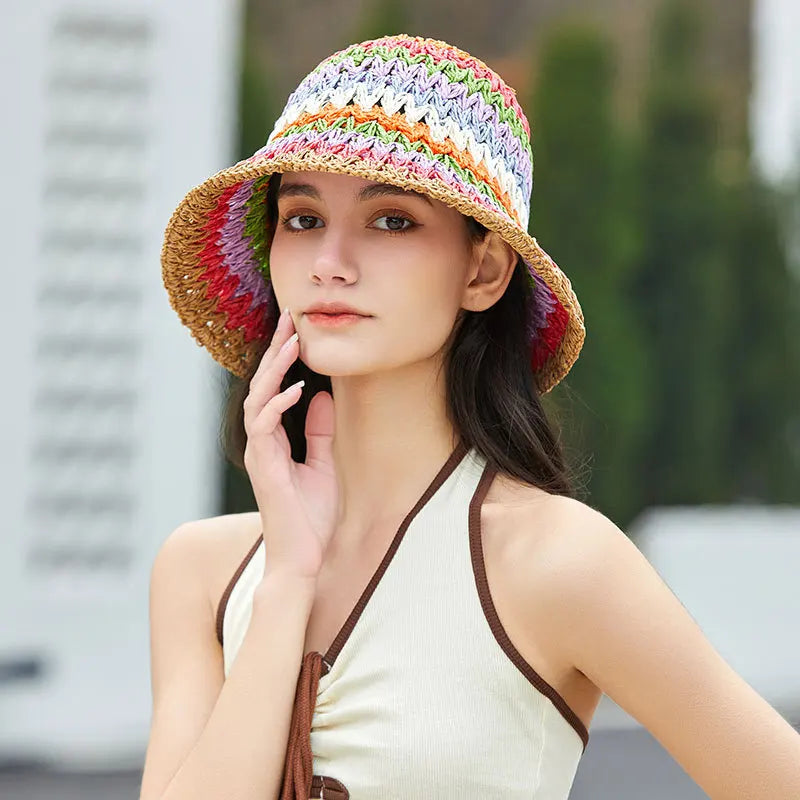 Womens Rainbow Straw Summer Bucket Hat
