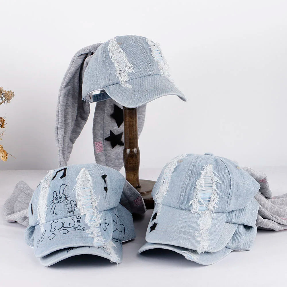 Unisex Y2K Rabbit Ear Denim Baseball Cap