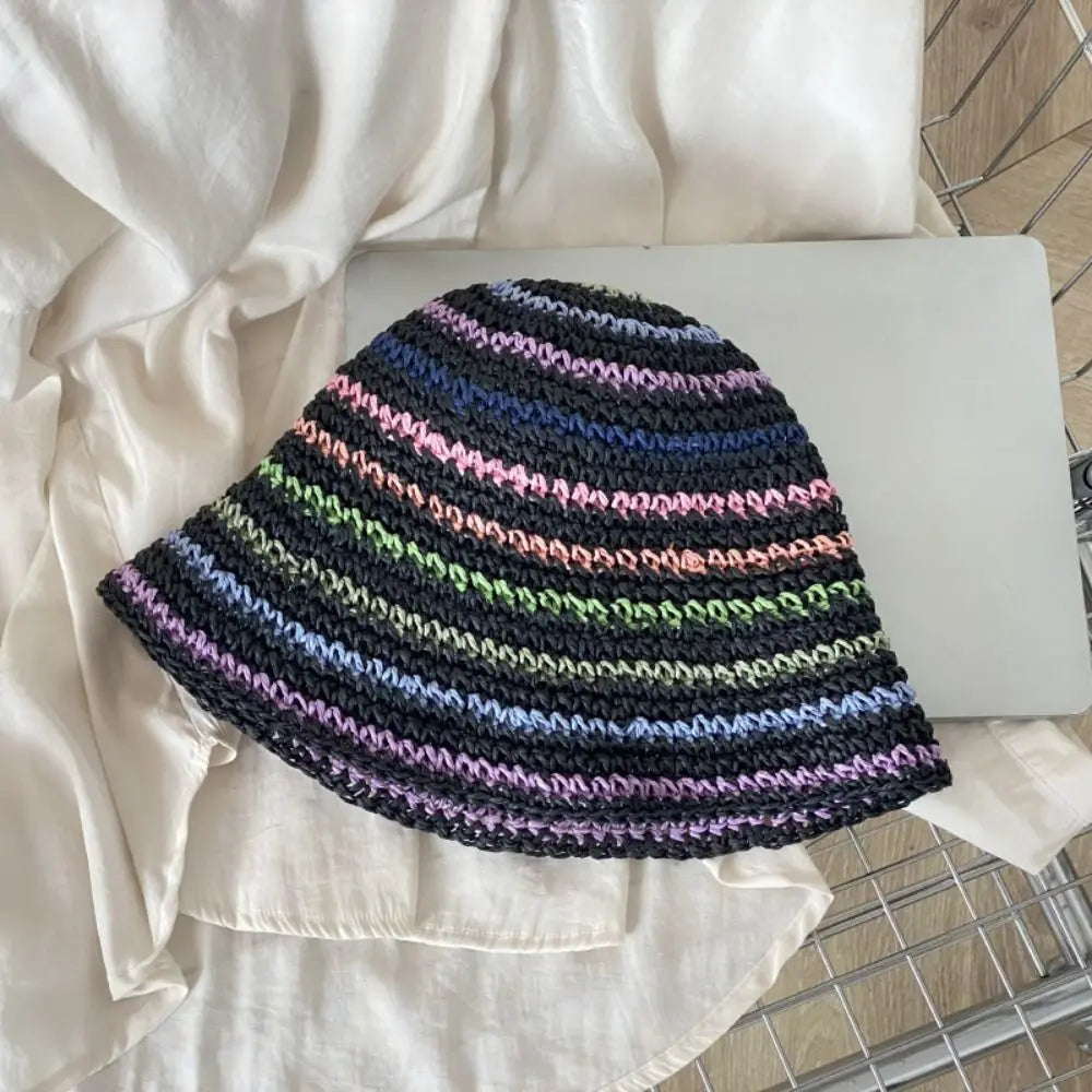 Womens Striped Rainbow Straw Summer Bucket Hat
