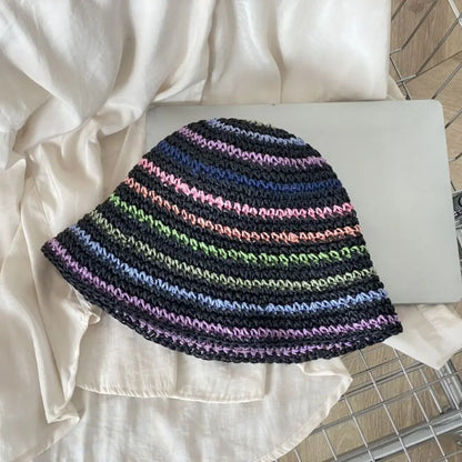 Womens Striped Rainbow Straw Summer Bucket Hat