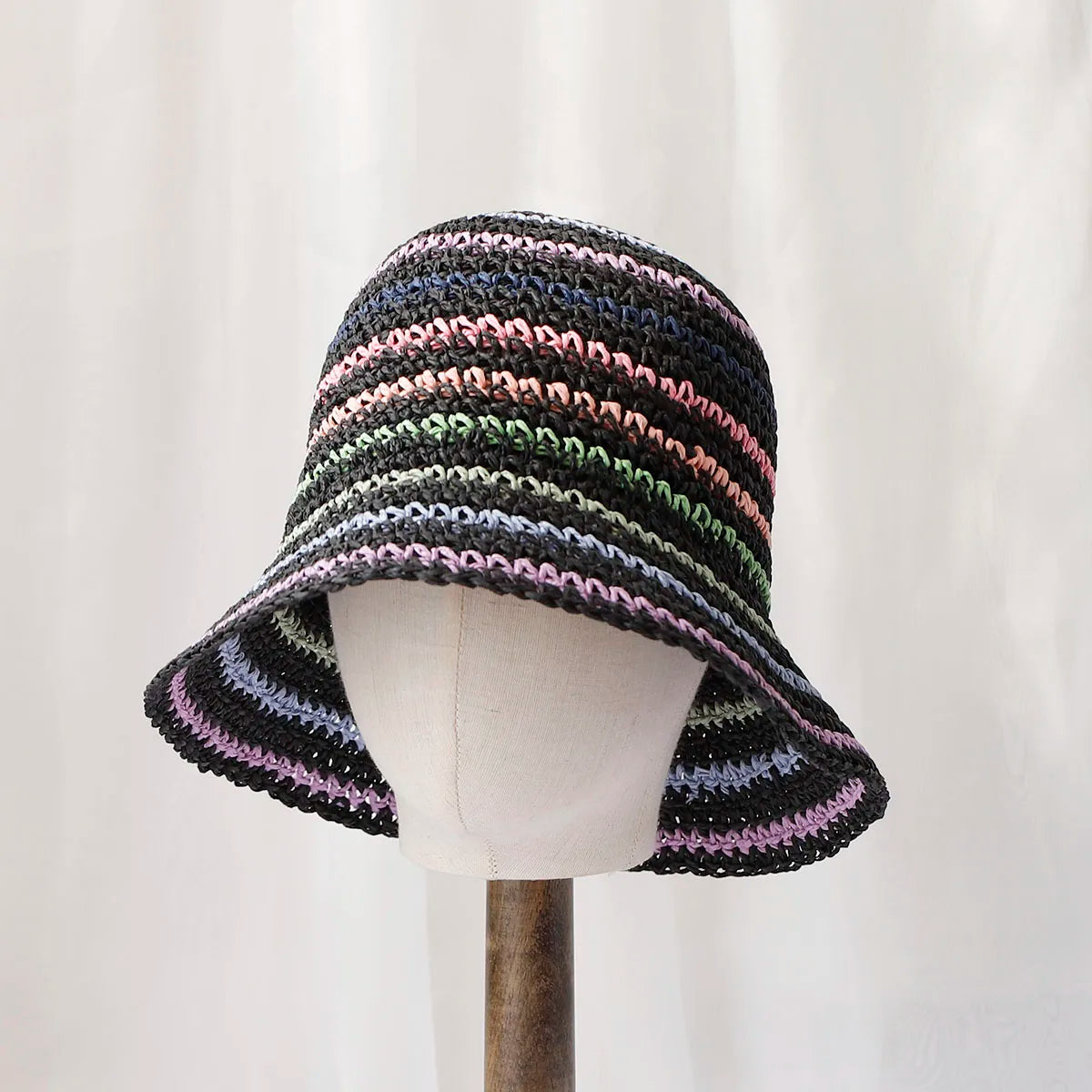 Women Rainbow Straw Crochet Sun Bucket Hat