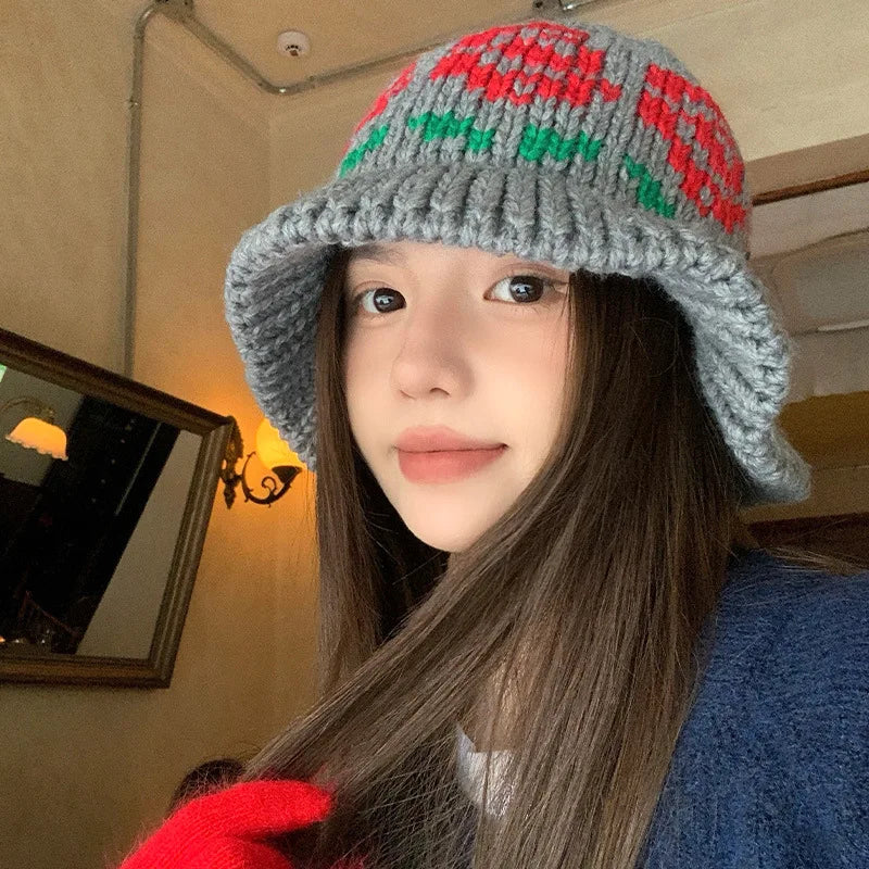 Ethnic Style Retro Warm Knit Women Bucket Hat