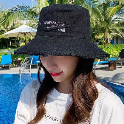 Solid Color Letter Embroidery Wide Brim Bucket Hat