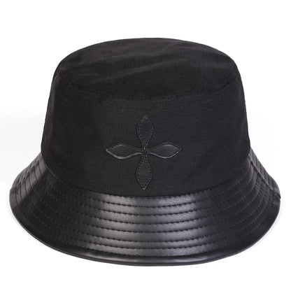 Unisex Cross Flower Label Personality Pu Leather Splice Bucket Hats