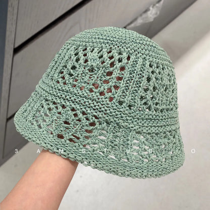 Niche Design Solid Color Hollow Knitted Bucket Hat
