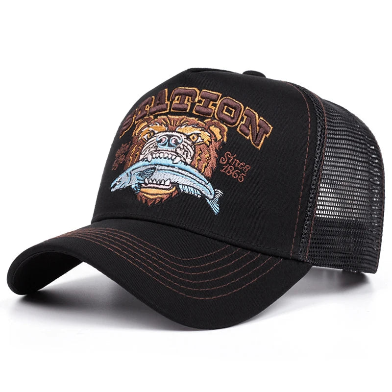 Bear Eating Fish Mesh Baseball Cap
