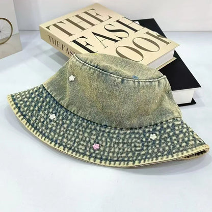 Korean Four Season Denim Flower Embroidered Bucket Hat