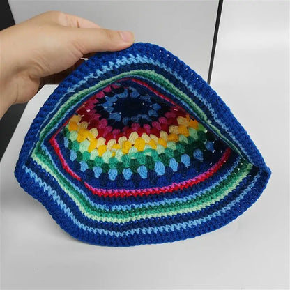 Hand Crochet Striped Contrast Knit Bucket Hat