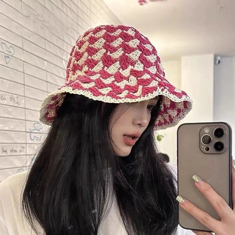 Korean Color Matching Hollow Straw Bucket Hat