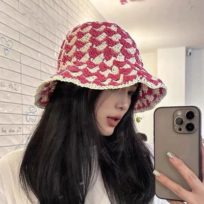 Korean Color Matching Hollow Straw Bucket Hat
