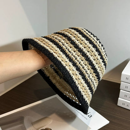 Handmade Stripe Foldable Fashion Straw Bucket Hat