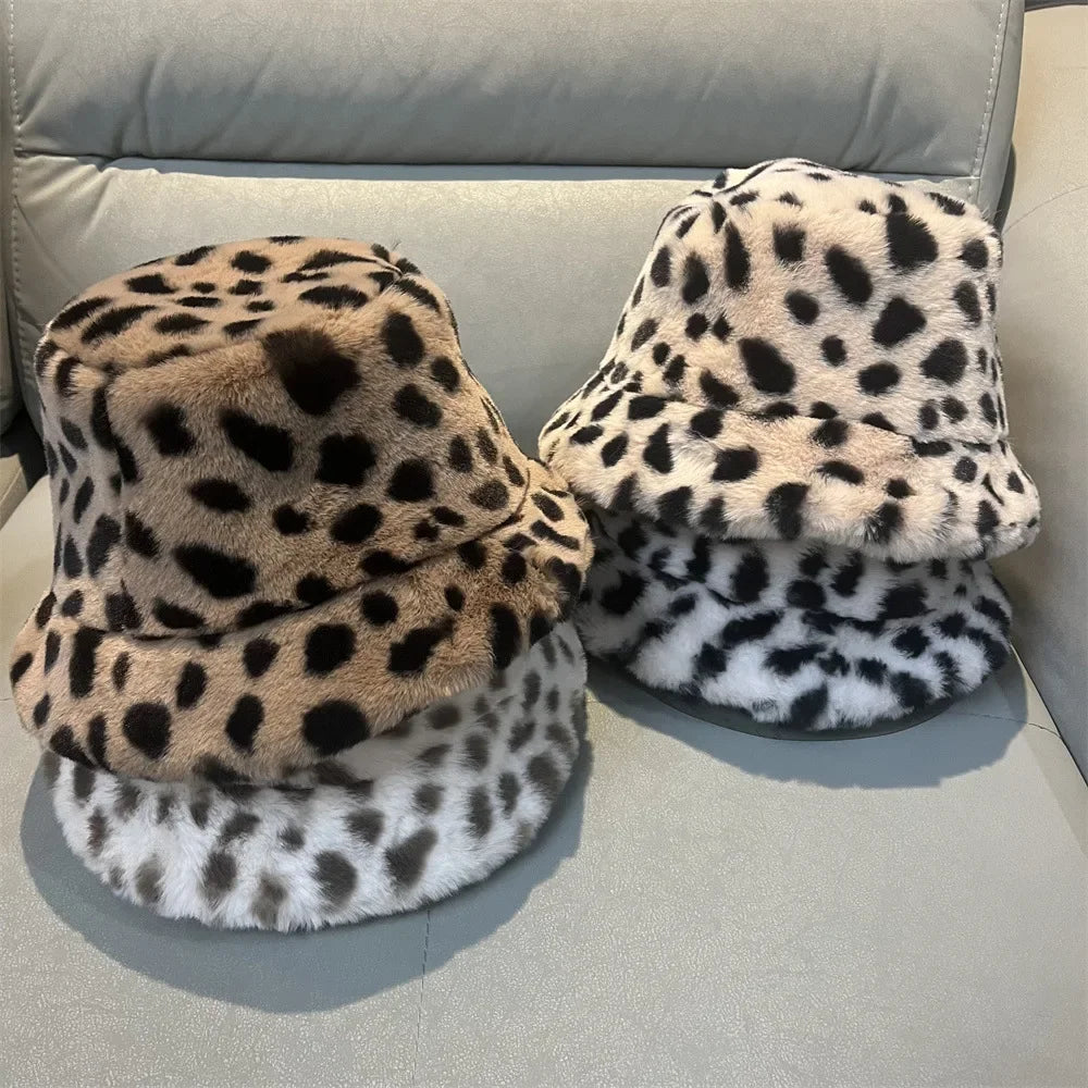 Cow Print Faux Fur Bucket Hat