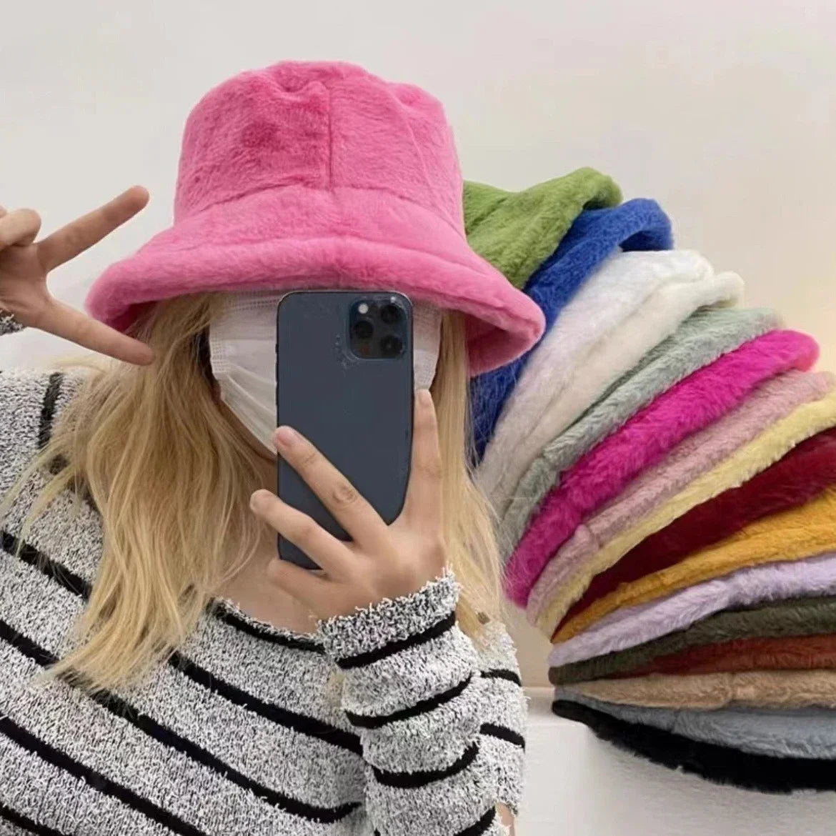 Funny Korean Faux Fur Bucket Hat