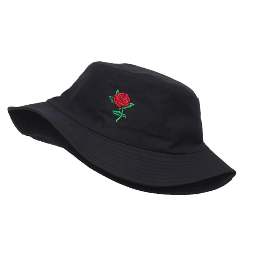 Summer Embroidery Rose Cotton Blend Classic Bucket Hat