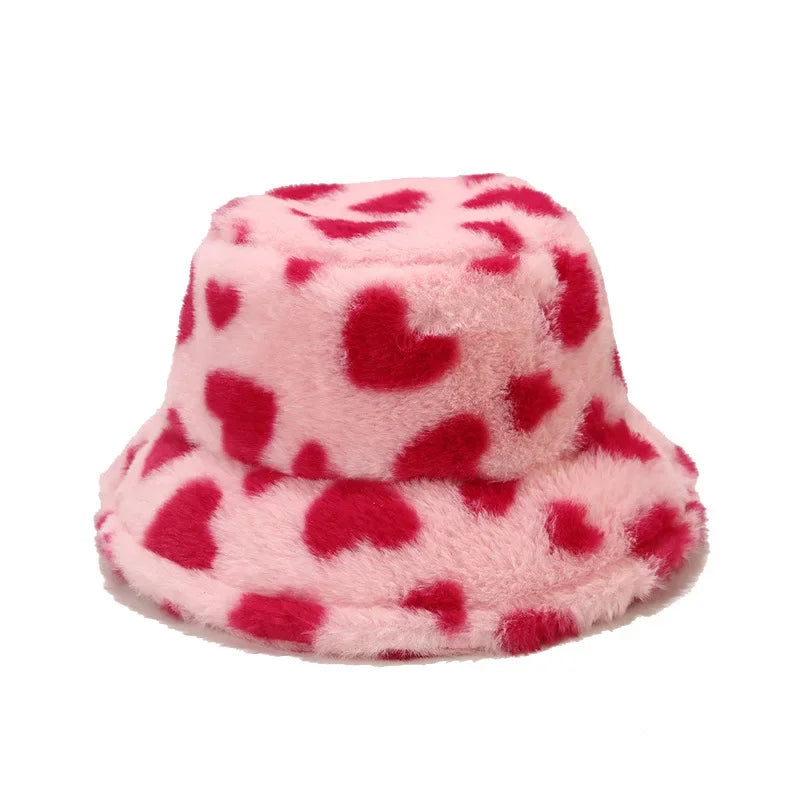 Women’s Heart Print Faux Fur Bucket Hat