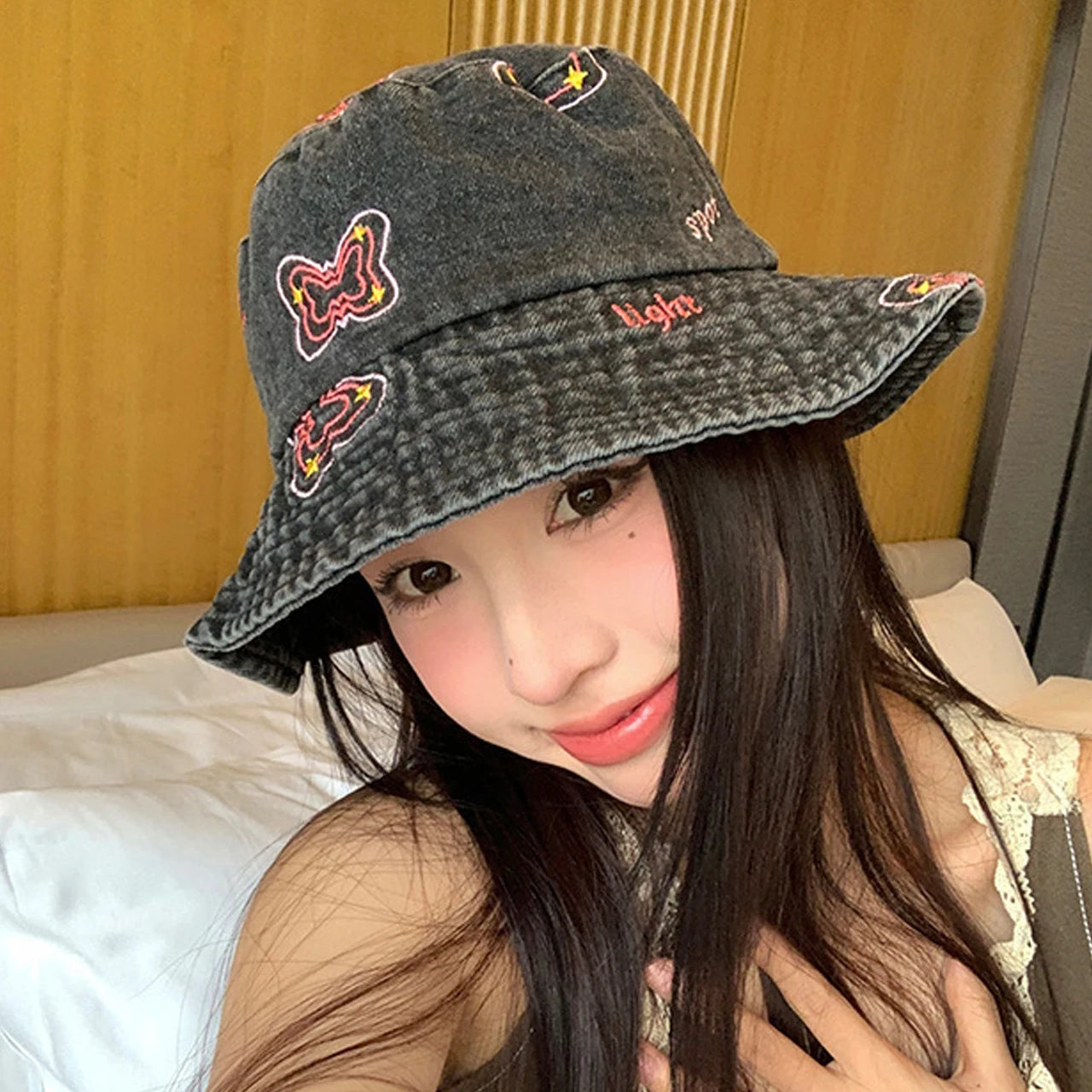 Butterfly Embroidered Washed Denim Wide Brim Bucket Hat