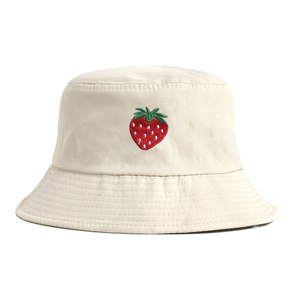 Korean Style Embroidered Strawberry Fisherman Hat