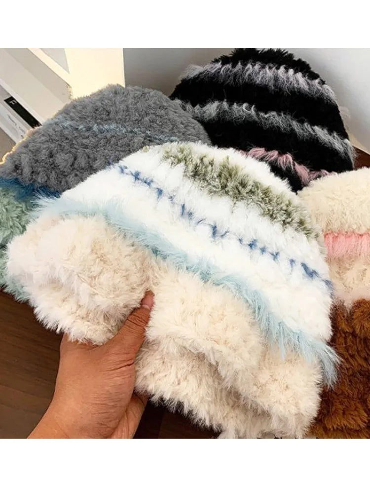 Rabbit Fur Plush Knitted Bucket Hat