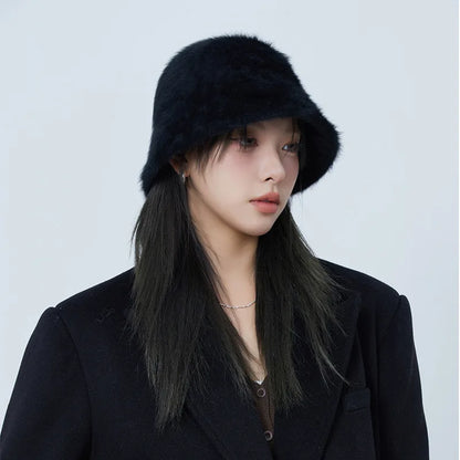 Rhinestone Sequined Rabbit Fur Knit Bucket Hat