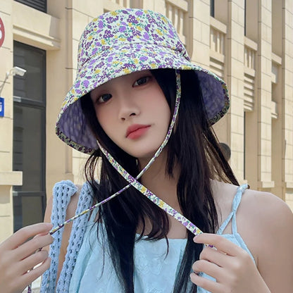 Floral Print Lace Up Cotton Summer Bucket Hat
