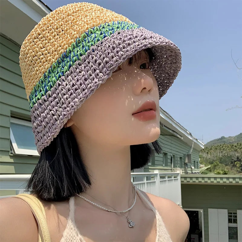Knitted Mix Color Crochet Travel Women Bucket Hat