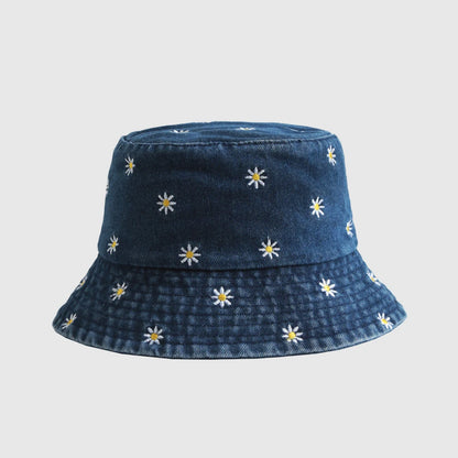 Unisex Daisy Embroidered Denim Bucket Hat