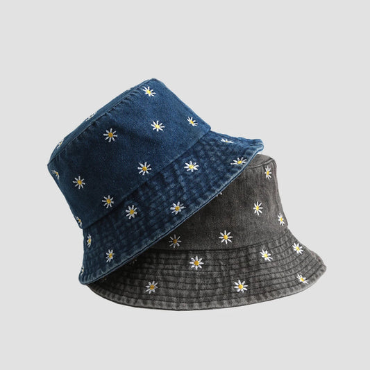 Unisex Daisy Embroidered Denim Bucket Hat