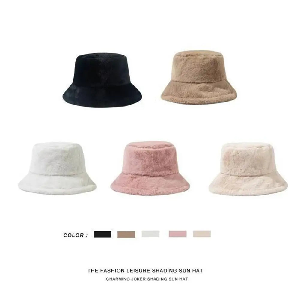 Faux Fur Winter Bucket Hat Women Soft Warm Fisherman Cap