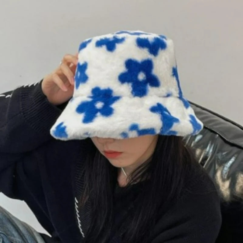 Floral Plush Furry Warm Winter Bucket Hat