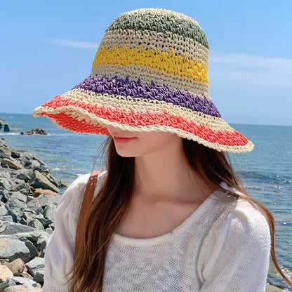 Rainbow Crochet Straw Summer Bucket Hat