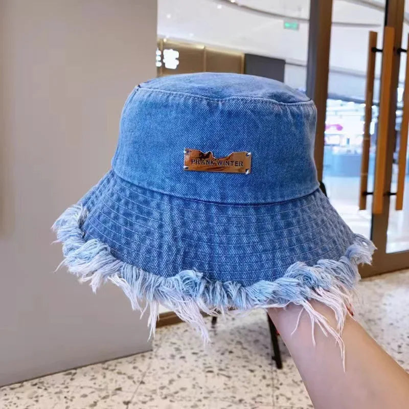 Washed Denim Tassel Wide Brim Bucket Hat