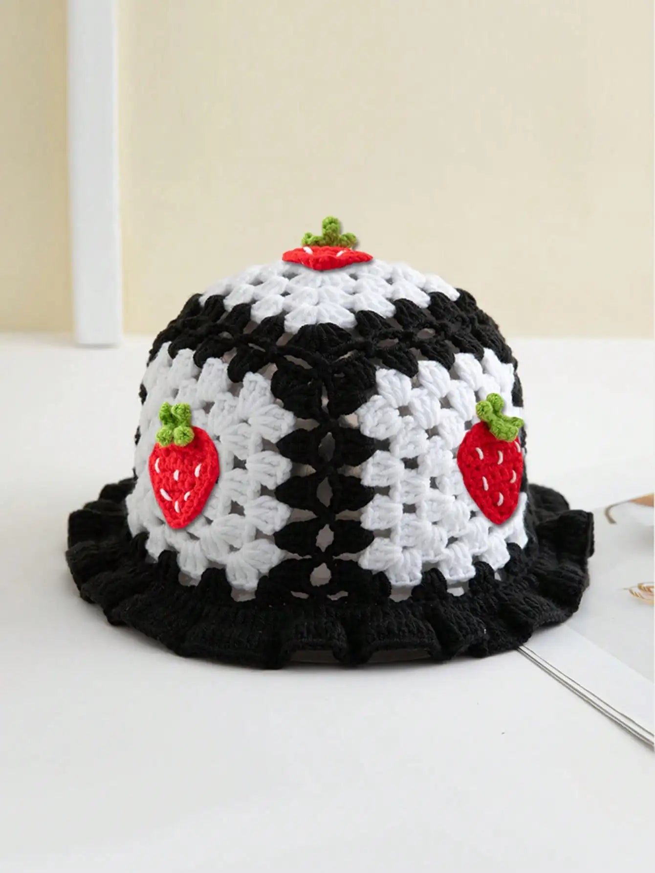 Bohemian Strawberry Crochet Ruffled Edge Bucket Hat