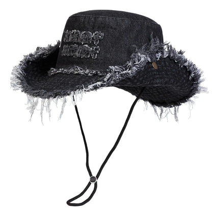 Unisex Letter Embroidered Washed Denim Fisherman Hat – Trendy Summer Travel Cap
