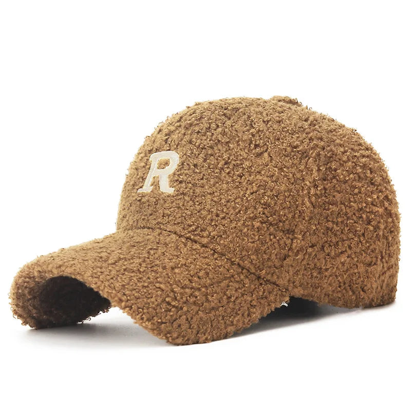 R Letter Embroidered Teddy Fleece Baseball Hat