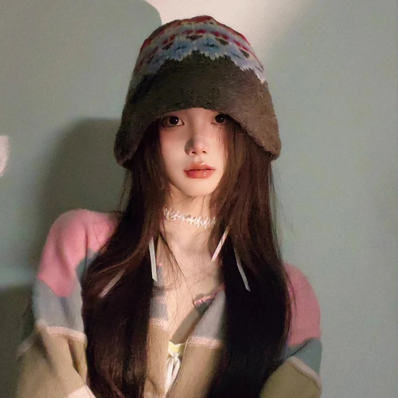 Retro Jacquard Knitted Korean Warm Women Bucket Hat