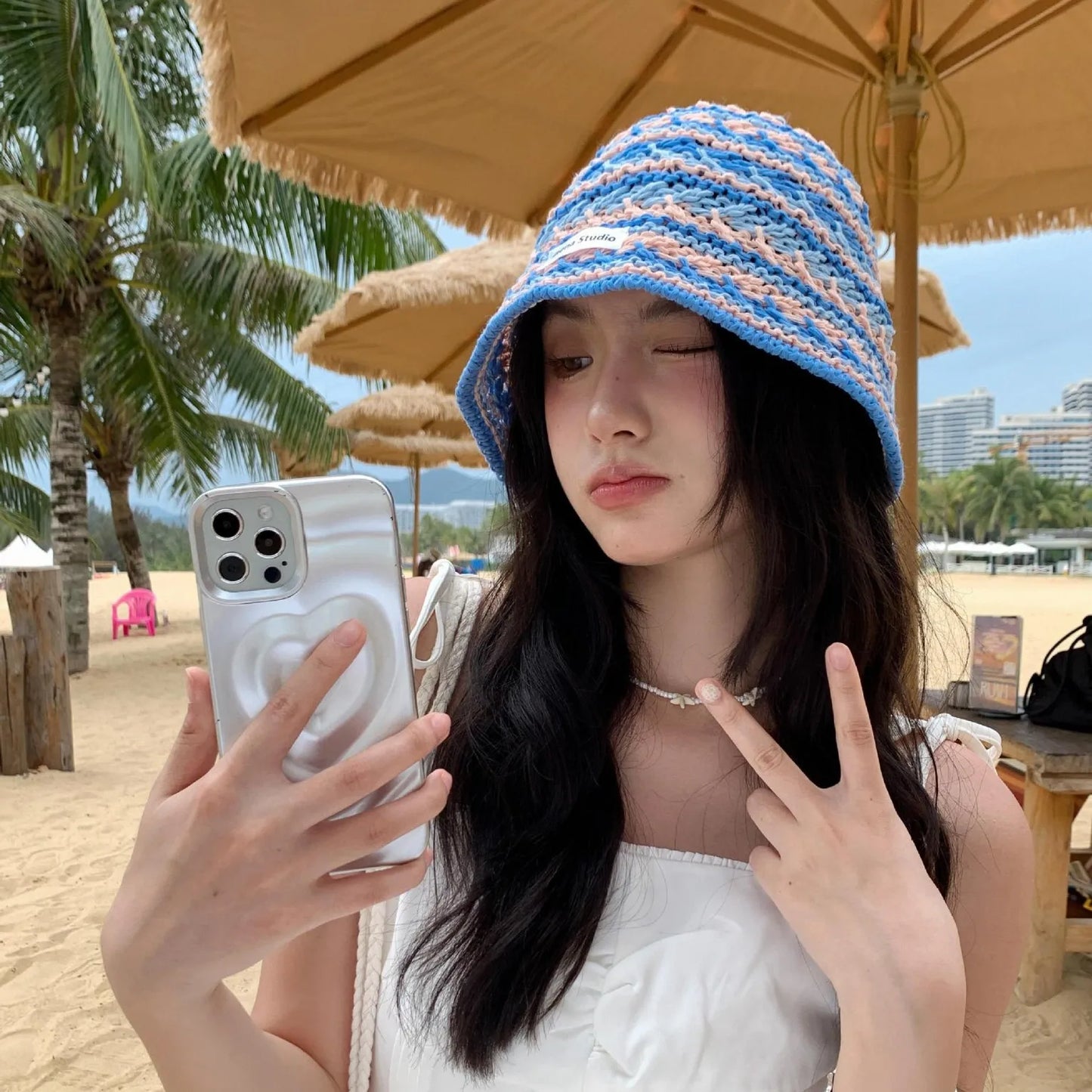Womens Korean Knitted Stripe Hollow Bucket Hat