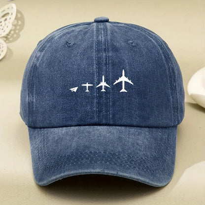 Retro Airplane Print Washed Baseball Cap