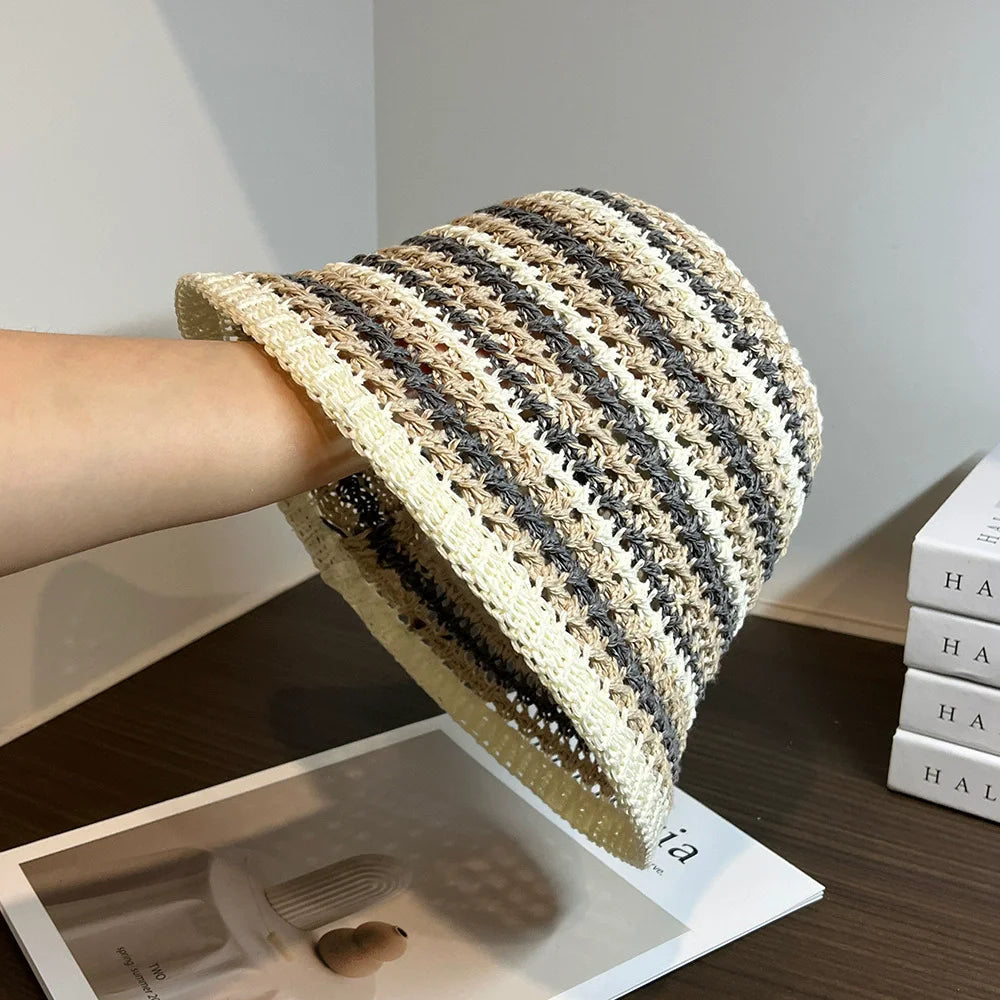 Handmade Stripe Foldable Fashion Straw Bucket Hat