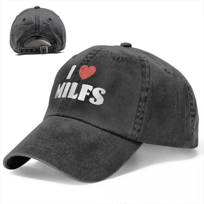 I Love Milfs Distressed Denim Baseball Cap