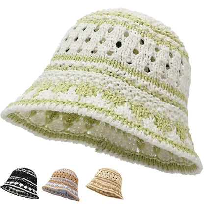 Korean Contrasting Pattern Hollow Knitted Bucket Hat