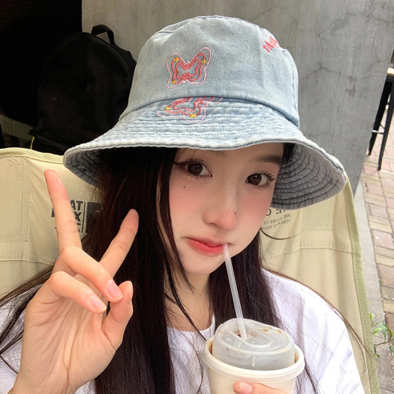 Butterfly Embroidered Washed Denim Wide Brim Bucket Hat