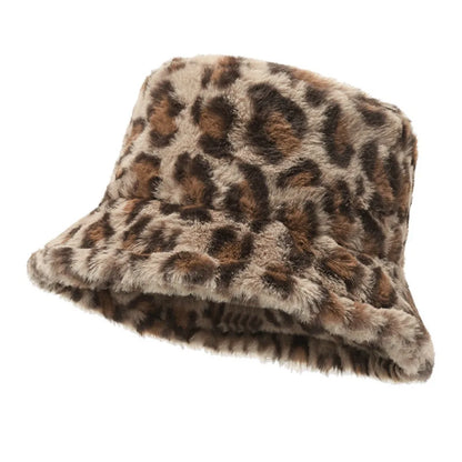 Leopard Print Plush Winter Bucket Hat