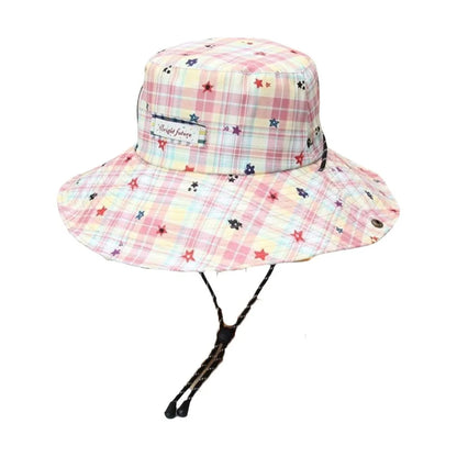 Portable Plaid Wide Brim Adjustable Sun Protection Bucket Hat