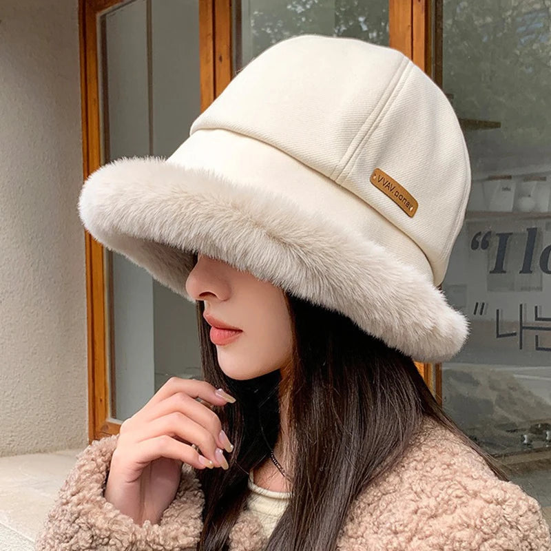 Fluffy Fur Bucket Hat Women Winter