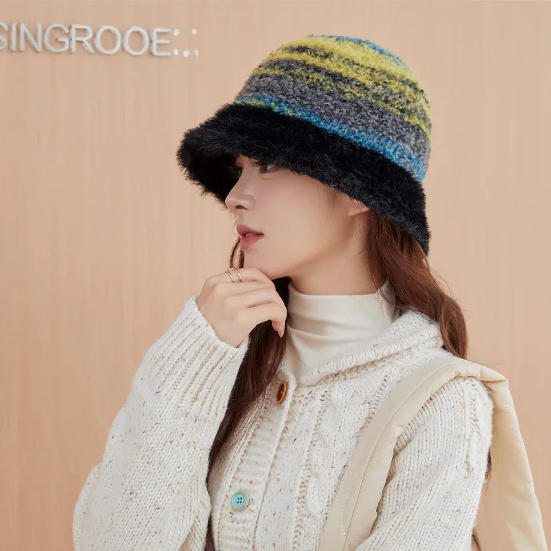 Plush Patchwork Winter Bucket Hat